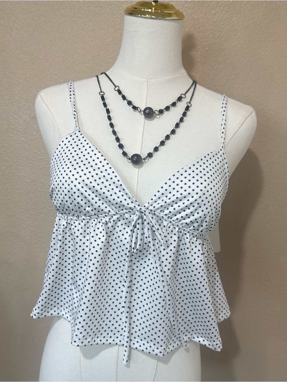 Posh White and Black Polka Dot Tie-Front Cami